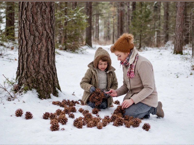 Family collecting pine cones in snowy forest for Christmas crafts