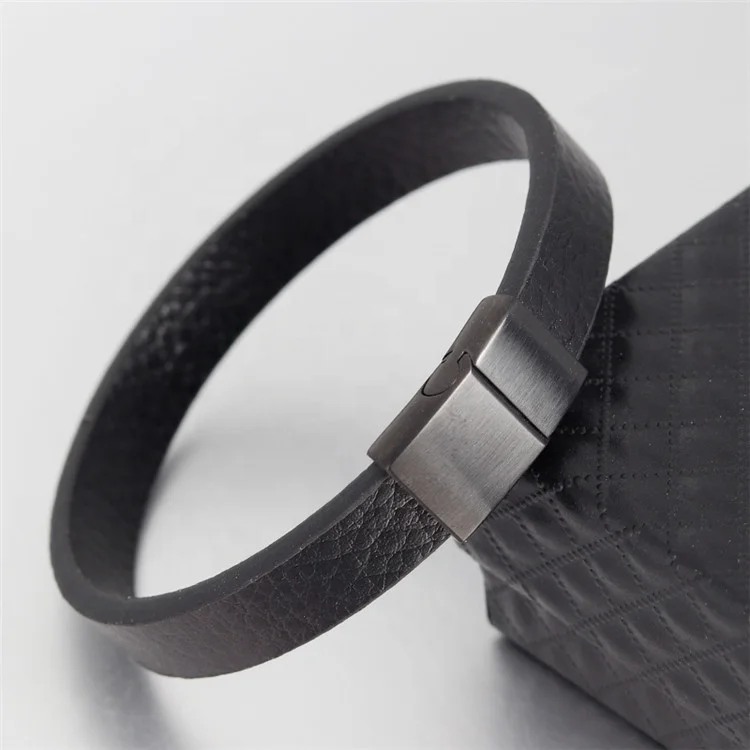 

Classic Europe Style Custom Logo Stainless Steel Magnetic Clasp Genuine Leather Bracelet Pulsera Cuero Hombre