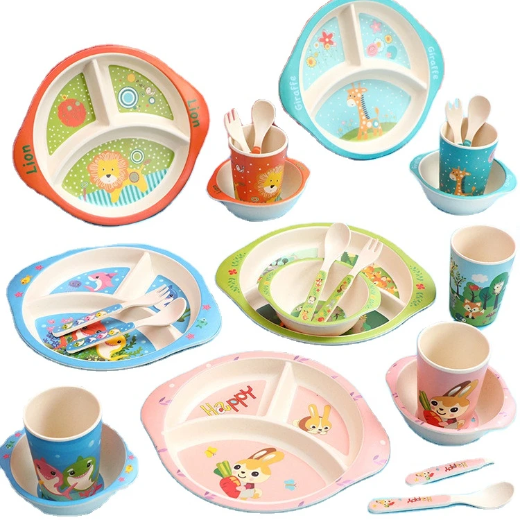 

BPA Free 5Pcs/Set Bamboo Kids Plates Sets Dinnerware Food Plate Bowl Cup Spoon Fork Set Dishware