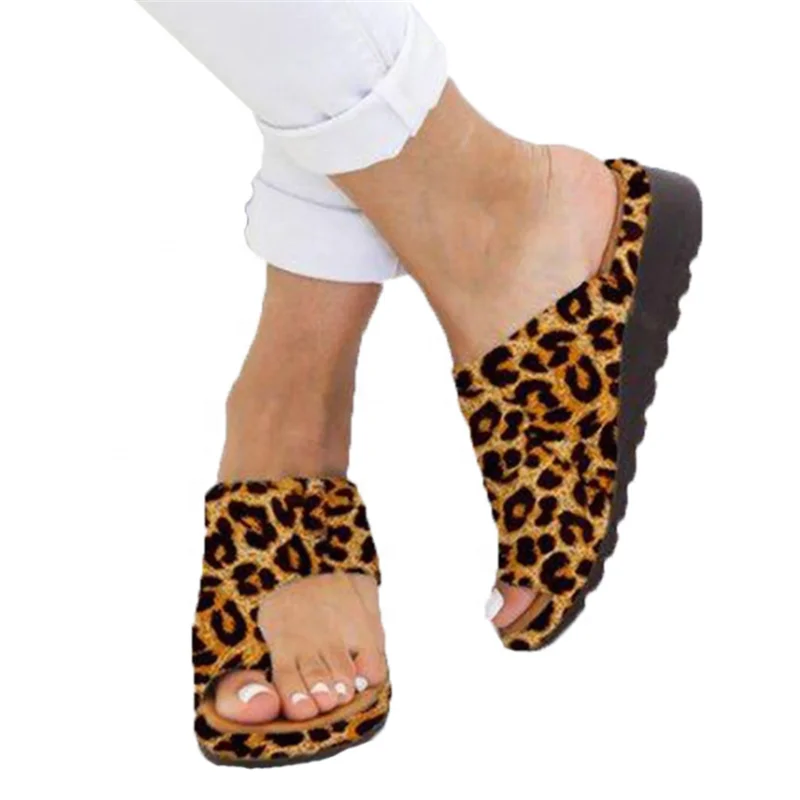 

Summer Casual Flat Bottom Open Toe Platform Leopard Women Slippers, As pic show, customized