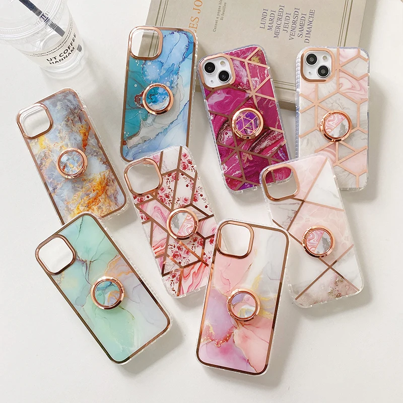 

Hot Selling Phone Case Ring Stand IMD For iPhone 13 Pro Max Marble Cell Phone Case For iPhone 14 12 Luxury Electroplating Case, Mix