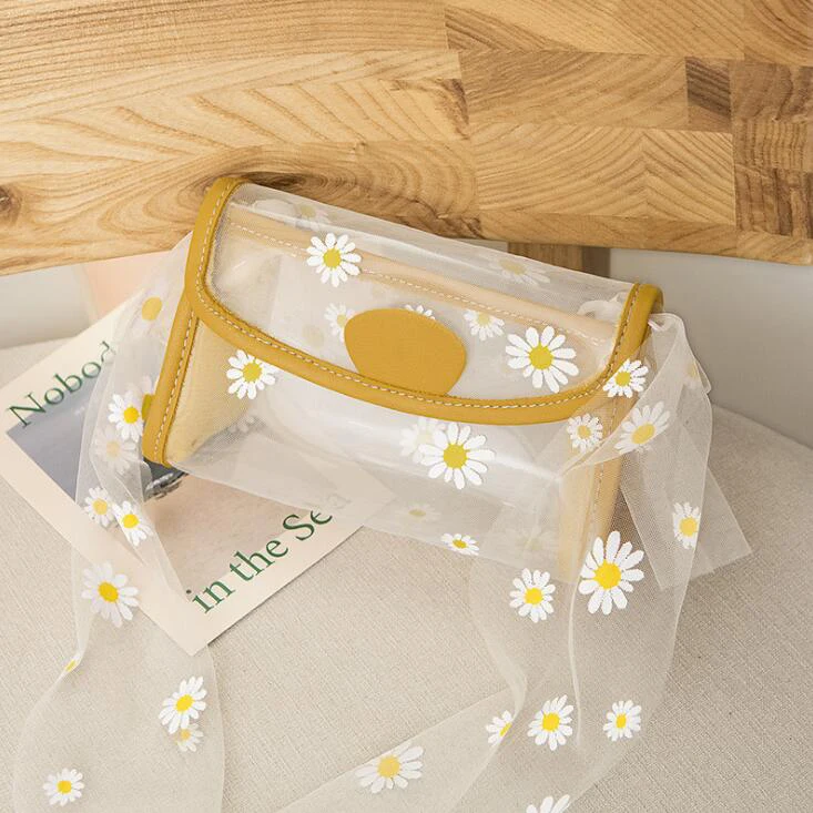 

Summer Fashion Sweet PVC Transparent Women Daisies Print Clear Jelly Shoulder Phone Bag, Customizable