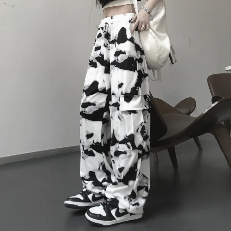

Cargo Pants Tie Dye Harajuku Streetwear Women Wide Leg High Waisted Trousers Punk Oversize Aesthetic Korean Fashion, Black