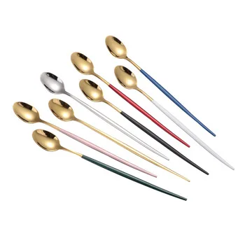 

NEW Arrivals Stainless steel dessert spoon titanium gold long handle spoon for ice/mixing/drinking, Silver , gold , rose gold , black , rainbow