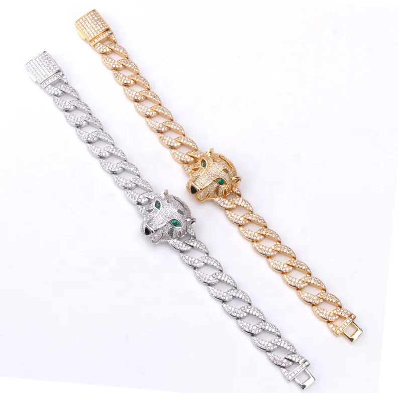 

Iced Out Charm Miami Cuban Chain Men's Hip Hop Fashion Leopard head Bracelet Rapper Jewelry ZIRCON jewelry set TQL0556