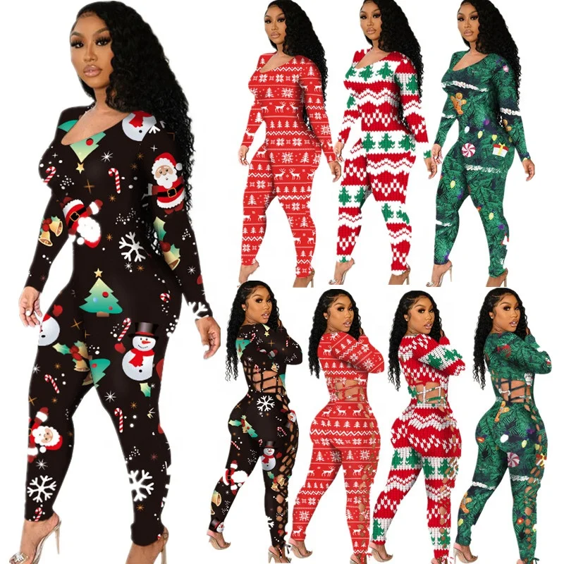 

Hot Sale Christmas Romper Good Stretch Fashion Long Sleeve Hollow Out Jumpsuit Plus Size 5XL One Piece Jumpsuits For Women, 6 colors