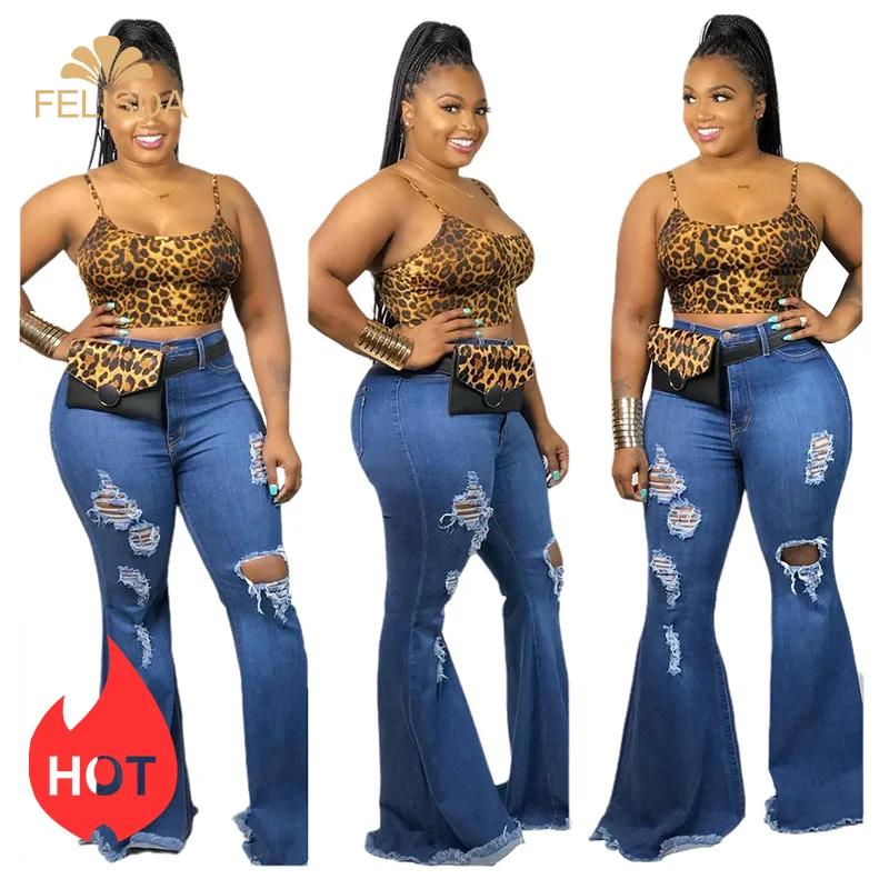 

High Quality 5xl Plus Size Women's Jeans Solid Color Skinny High Waist Elastic Ripped Flared Jeans Blue Hole Denim Pencil Pants