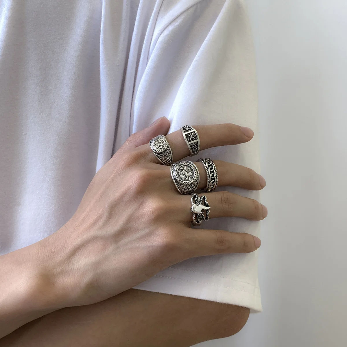 

European and American metal sets of rings vintage fashion totem geometric men's rings