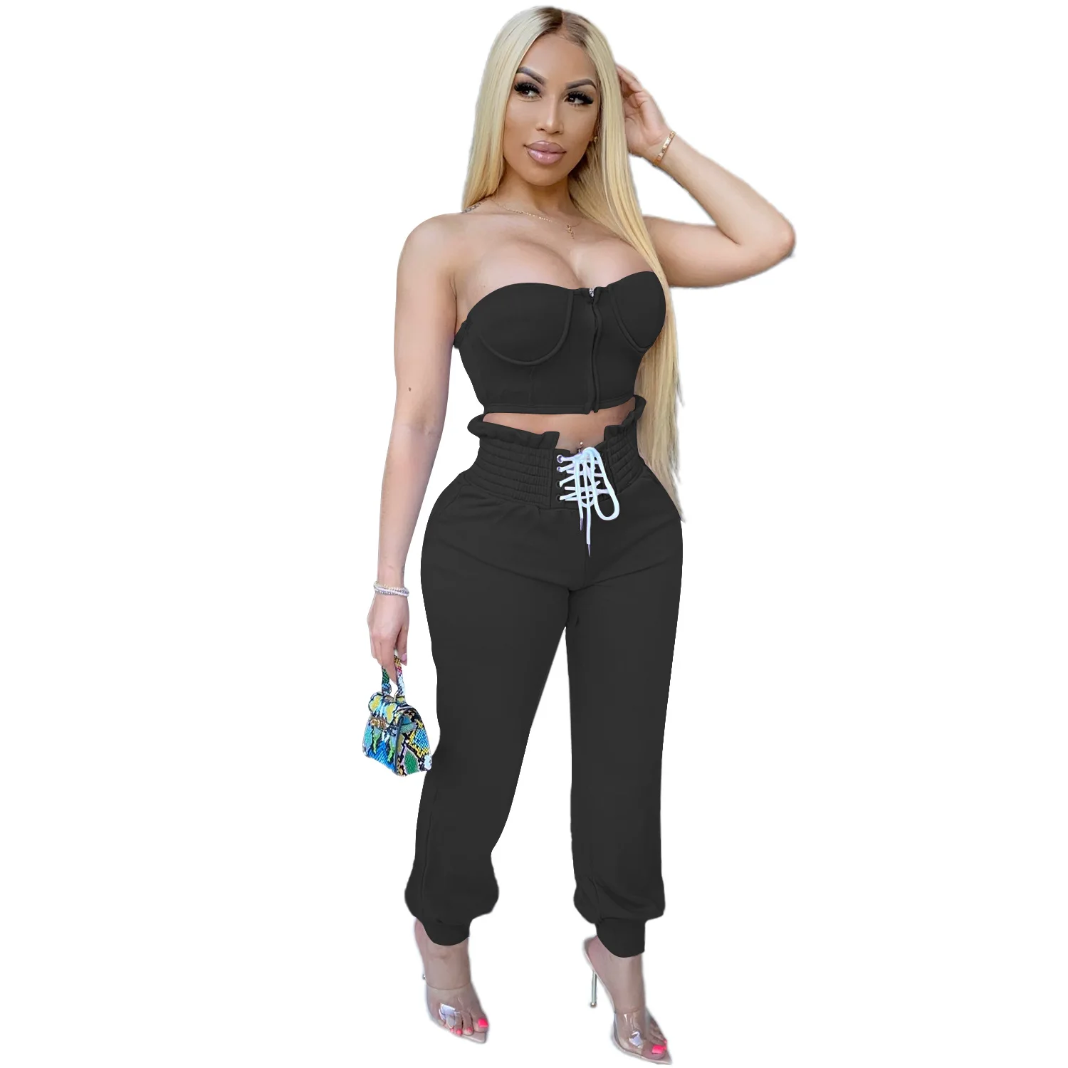 

Two-piece sets women's solid color 2-piece women's suit crop top pants two piece set women clothing, Customized color