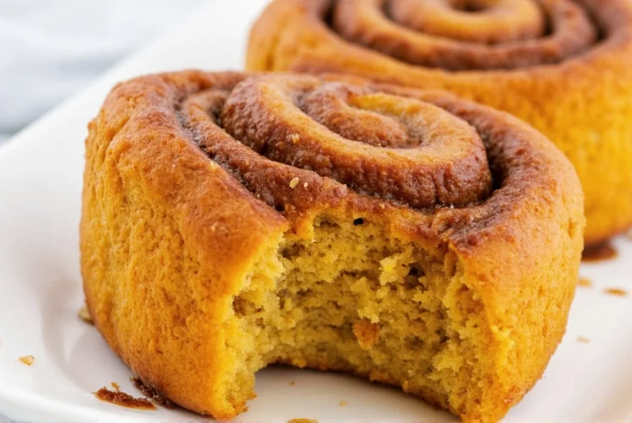 Perfectly golden brown pumpkin cinnamon rolls with cream cheese frosting dripping down the sides on a white ceramic plate