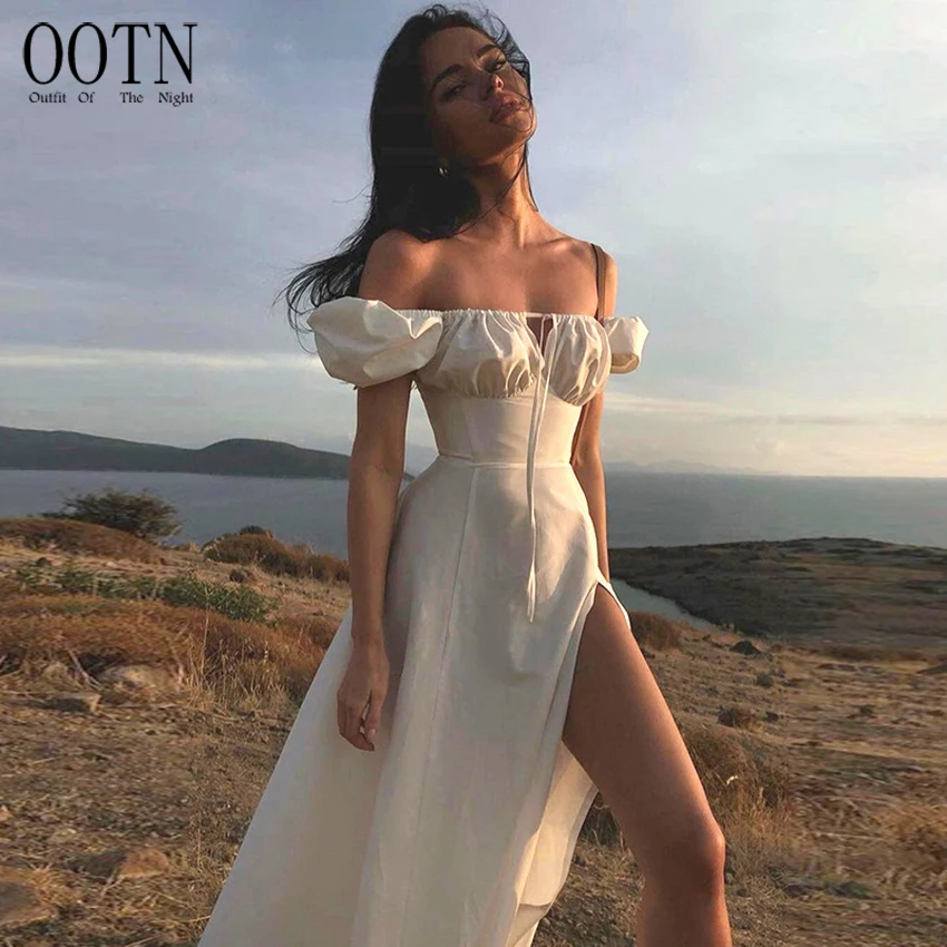 

OOTN femme Summer Dress for Women 2023 Cut out Tie up Side Split Ruched Long Dress robe Puff Sleeve White Dress