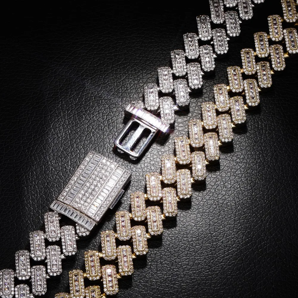 20mm Miami Baguette Zircon Prong Set Cuban Chains Box Clasp  Necklace For Men Hip Hop Iced Out Bling Rapper Jewelry Big Size