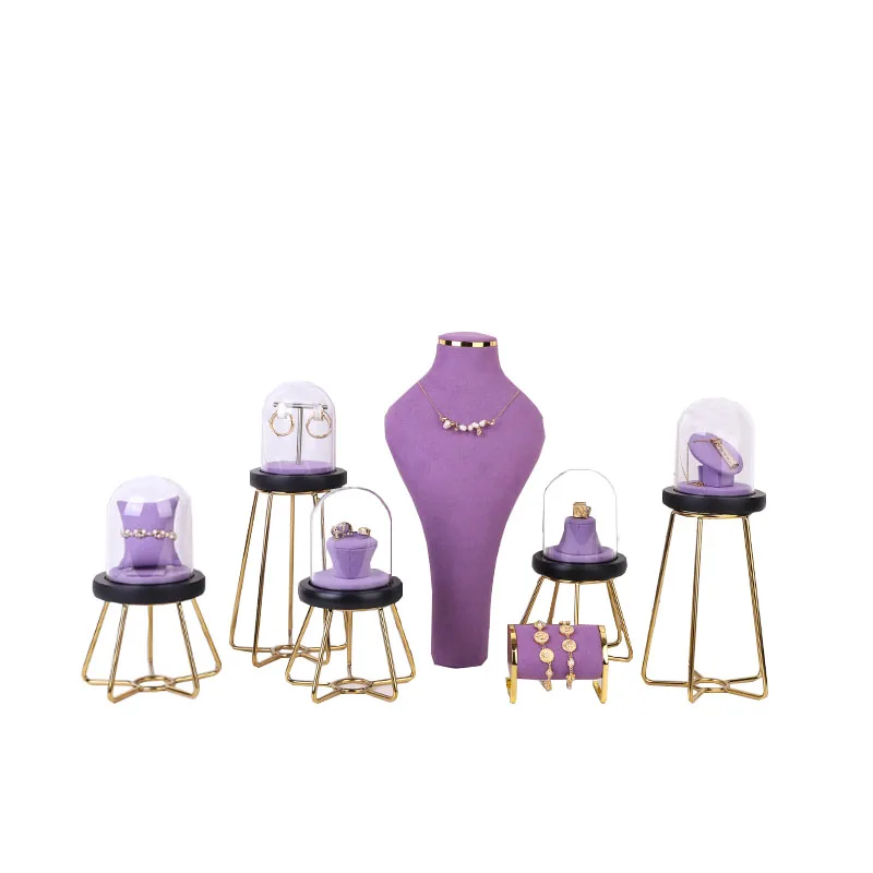 

High quality full set jewelry shown stand purple microfiber jewelry display shelf metal jewelry display props