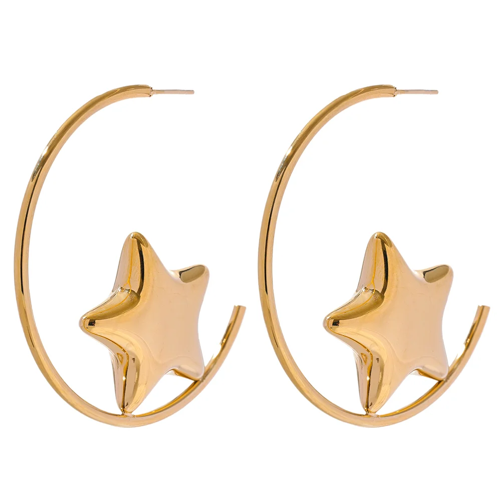 

JINYOU 3092 Trendy Stainless Steel Round Sleek Star Huggie Earrings for Women Prevent Allergy Metal Temperament Fashion Jewelry