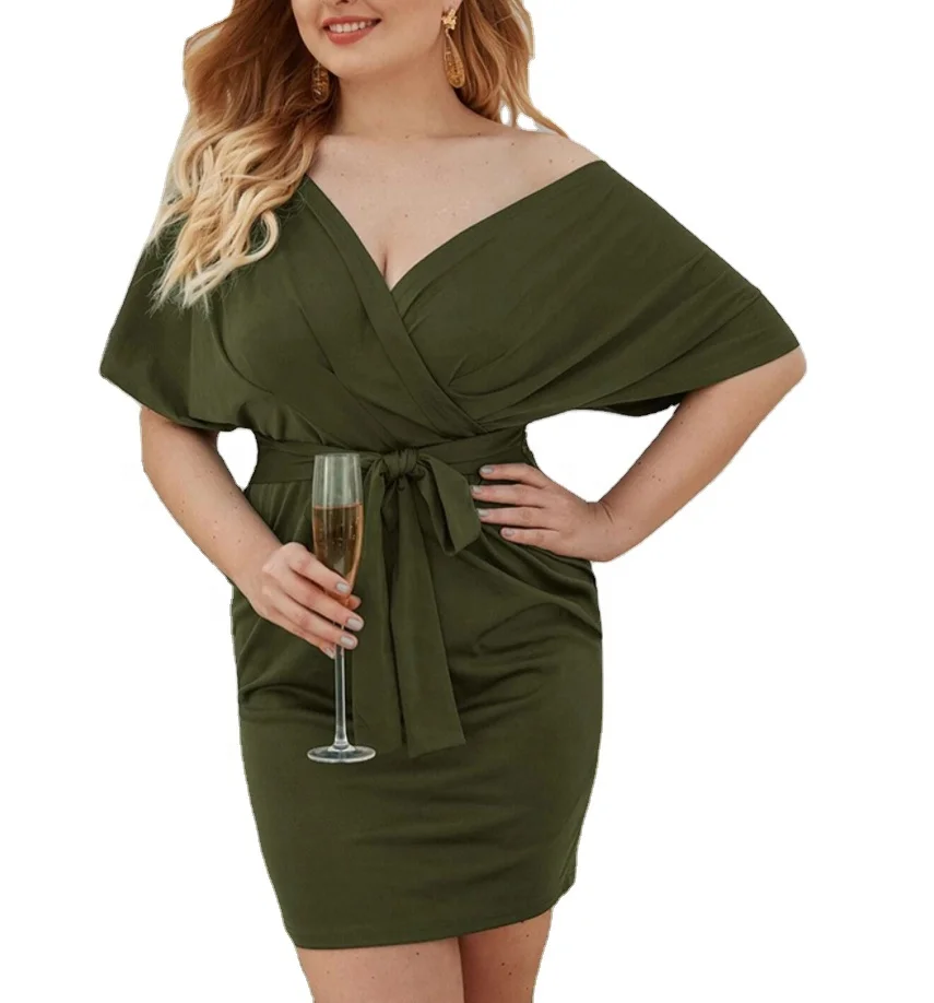 

Classic Trendy 3XL Club Sexy Deep V-neck Drop Shoulder Ladies Bodycon Plus Size Long Sleeve Dress