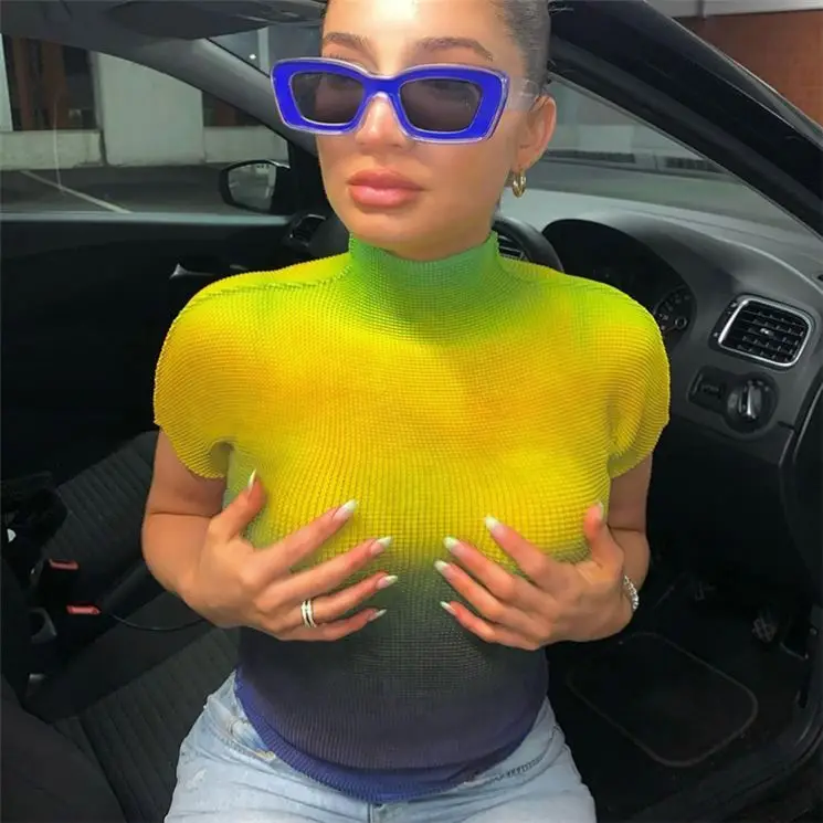 

HEBE Newest Design Gradient Color Stand Neck Short Sleeve Knitted Tee Shirt Girls Tops Tshirt For Women