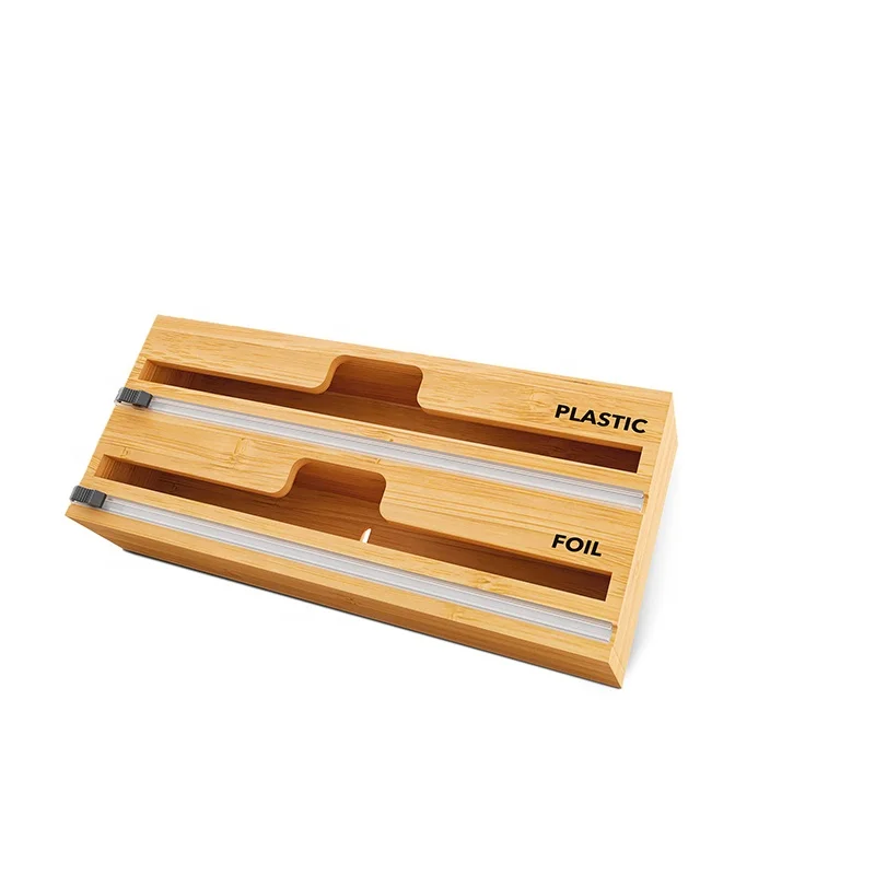 

Wholesale 3 in 1 Wooden Roll Paper Organizer Holder Bamboo Foil Dispenser with Cutter and Labels, Natural wood color