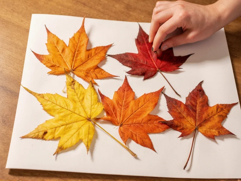 Hand arranging pressed maple leaves on recycled paper
