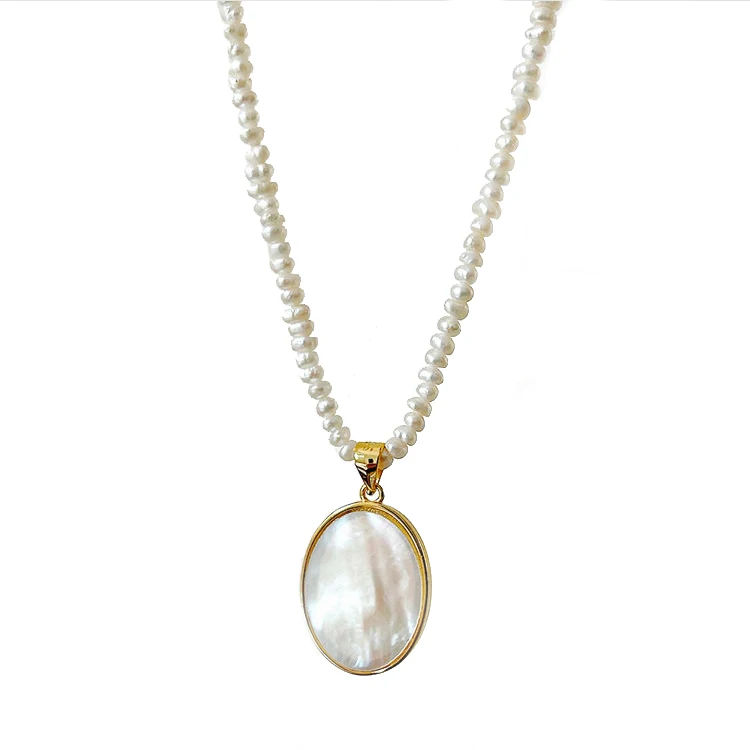 

Luxury Small Shell Pearl 925 Sterling Silver Oval Pendant Necklace for Women, Gold