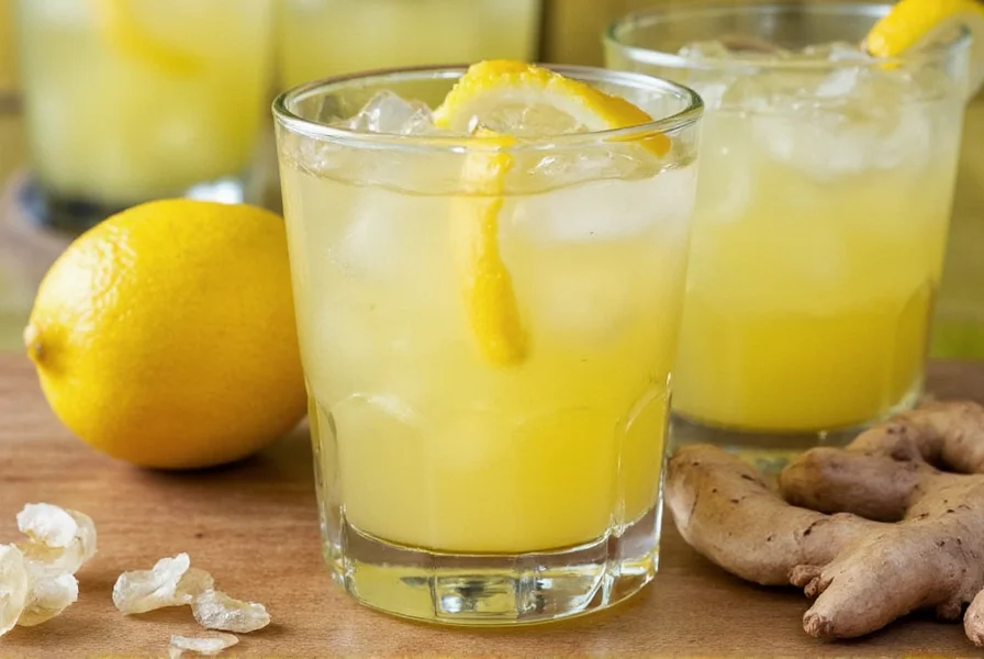 Close-up of fresh ginger root and lemon slices on wooden cutting board