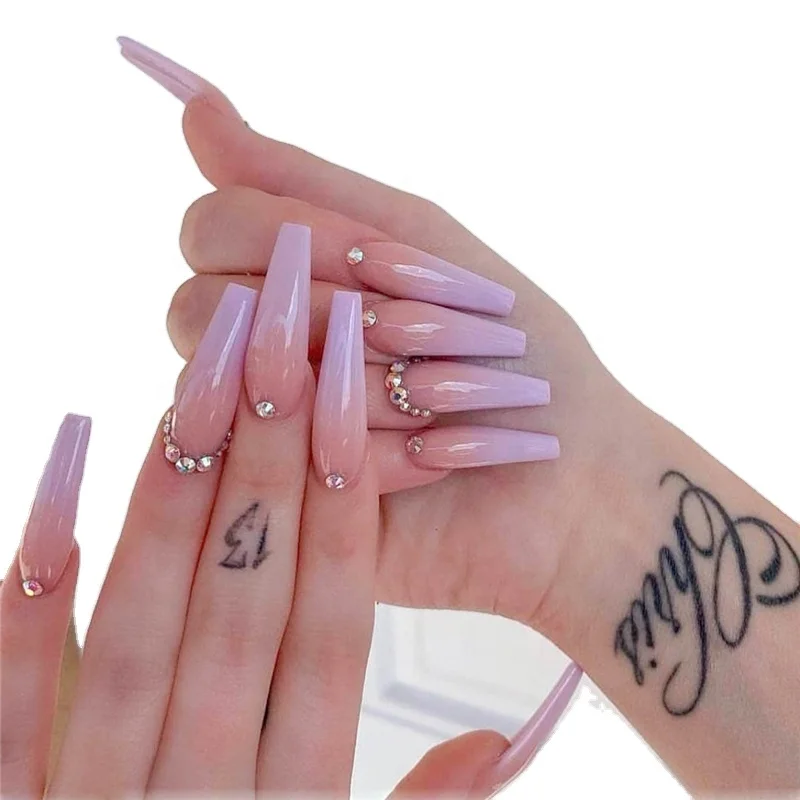 

New custom design luxury ombre pink gems long french coffin with diamond press on nail ballerina stiletto art Nails, Natural,multi-color,customized color