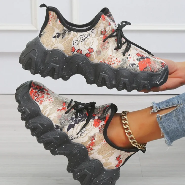 

2022 Luxury Lace-Up Casual Chunky Wedges Shoes Platform Woman Sneakers, Orange