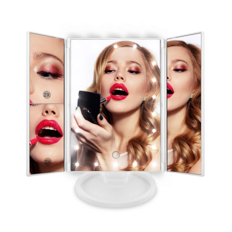 

3 way wholesale big led folding tri fold compact makeup mirror with touch sensor, White