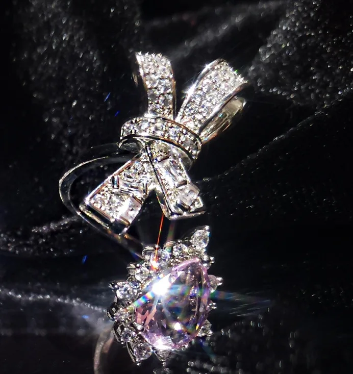 

2021 fashion adjustable crystal purple bow ring for women