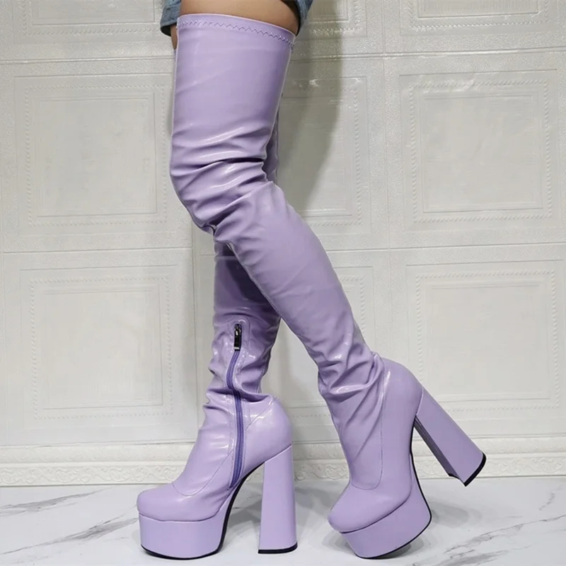 

Customized Big Size 47 Elegant Lady's Boots Purple Passion Round Toe Platform Thigh High Boots High Chunky Heel