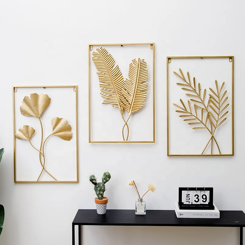 

Latest Design Modern Luxury Metal Art Decor Natural Leaves Classical Wall Hanging Home Decor for Living Room Entryway, Gold/black frame