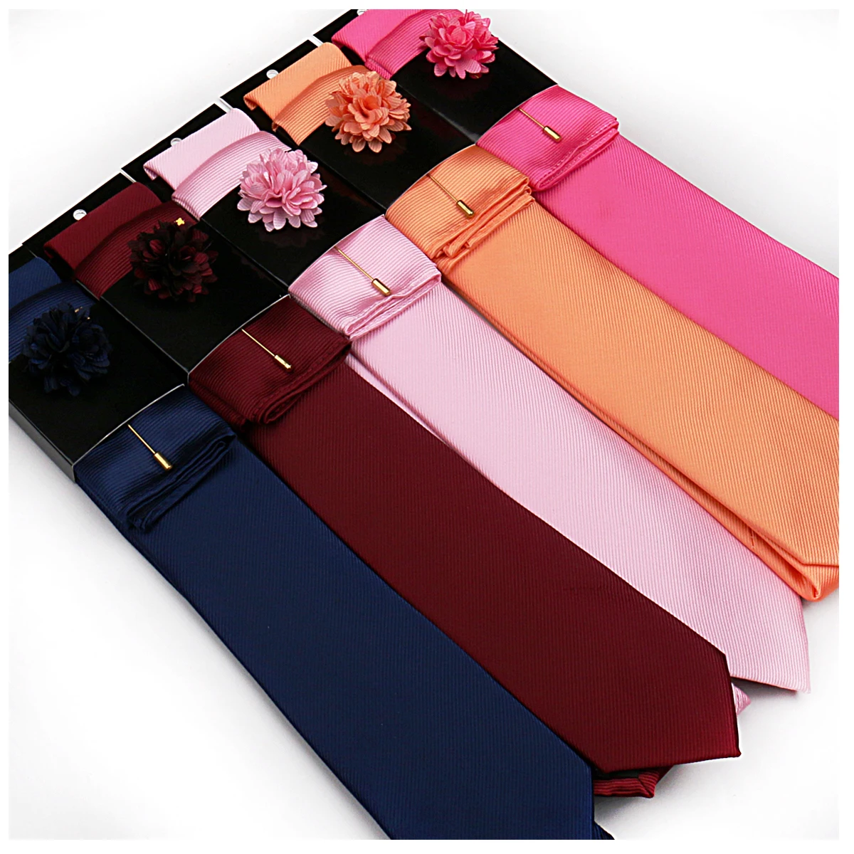 Silk Polyester Tie Pocket Square Brooch Set