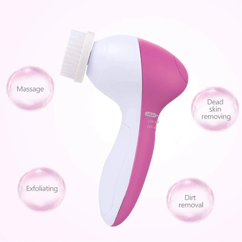 

Multi-functional Electric Silicone 5 in 1 Double Sided Waterproof Spin Massager Spa Facial Deep Wash Skin Face Cleansing Brush, As shown