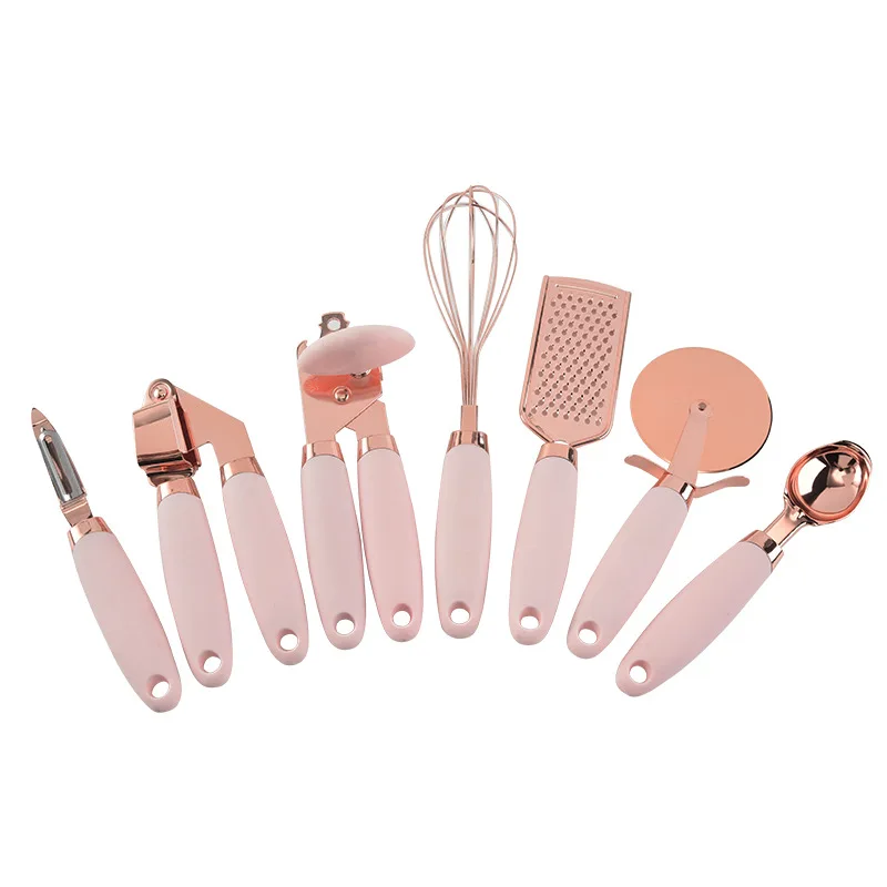 

Hot Selling 7 Pieces Rose Gold Kitchen Tools Set Kitchen Accessories Gadget Set Copper Coated Stainless Steel Utensils Set, Grey/pink/green handle