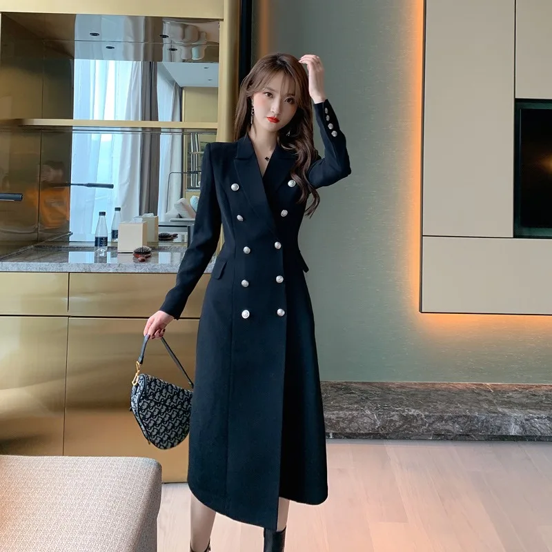 

Autumn Women's Fashion Atmosphere Double-breasted Suit Black Women's Elegant Long Coat