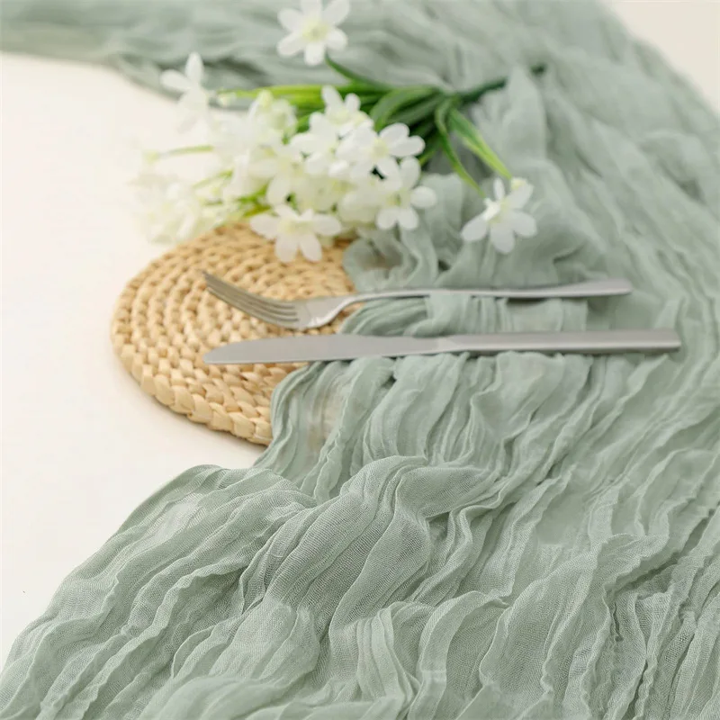 

Boho handmade cloth dinner decoration banquet party wedding cotton sage green gauze cheesecloth table runner 90x400cm