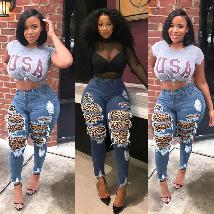 

2021 Wholesale Sexy Summer Leopard Bodycon Button Zipper Casual Women High Wais Ripped Jeans Pant, As shown