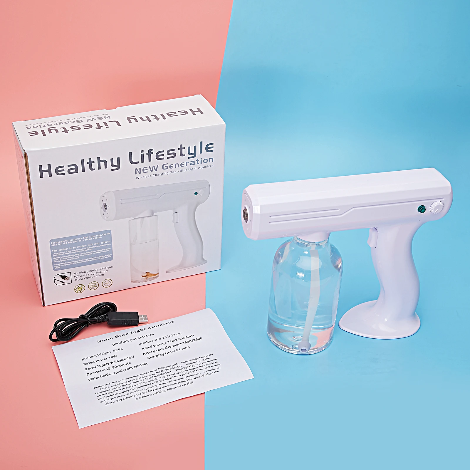 

Portable Wireless Handheld Rechargeable Battery Sprayer Gun Nano Blue Light Mist Atomizer Fogger Machine For Home Office, White