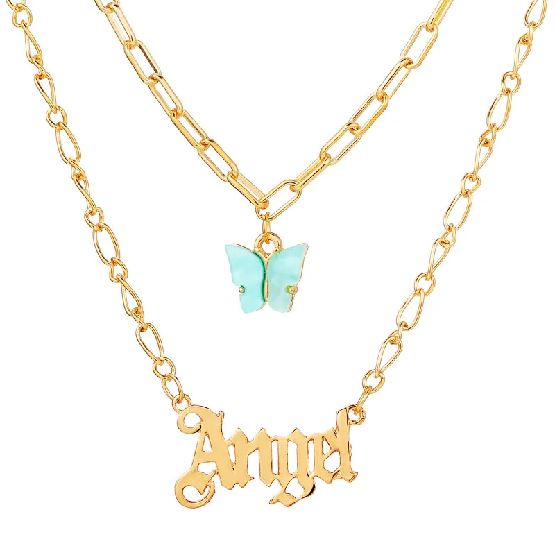 

Butterfly Pendant Necklace creative multi-layer English letter pendant pin bone chain