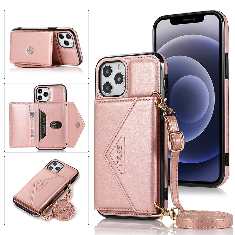 

Crossbody cell phone case card slot kickstand leather tpu wallet Phone Cover For Iphone 12 pro max