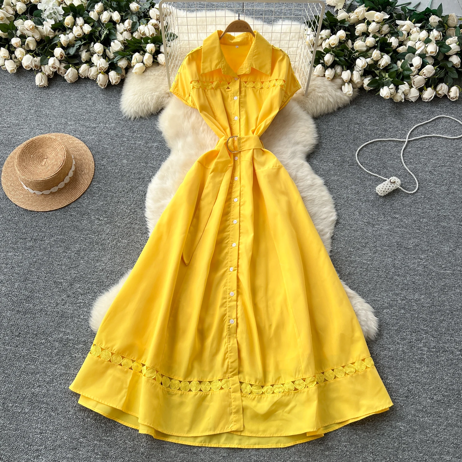 Elegant Women'S Dresses LW1430 Lace Insert Dress - Notched Collar Sleeveless Belted Dress for Women