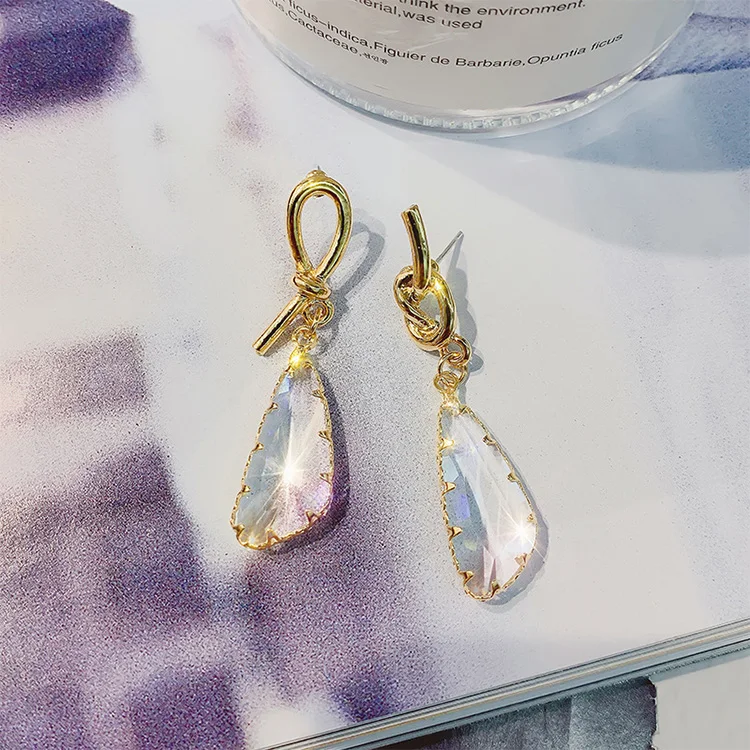 

knot design geometric transparent crystal glass earrings Asymmetrical 925 silver needle earrings Korean metal personality