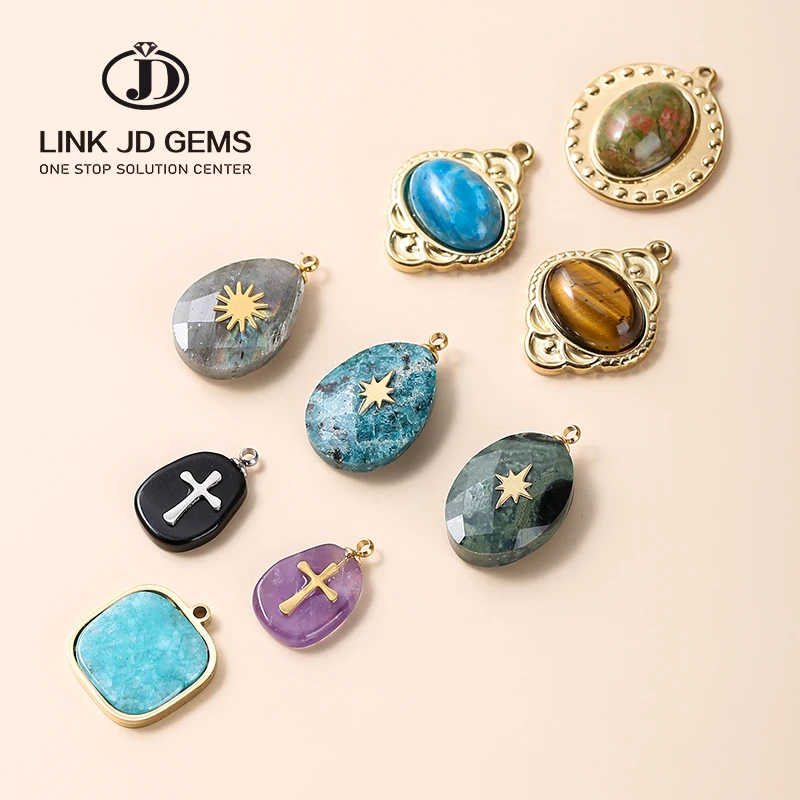 

JD Natural Stone Inlaid Metal Cross Necklace Pendant Gemstone Oval Charms for Women Necklace