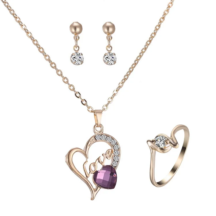 

Jewelry three-piece set Love heart necklace ring earring jewelry set, Gold/rose gold/silver