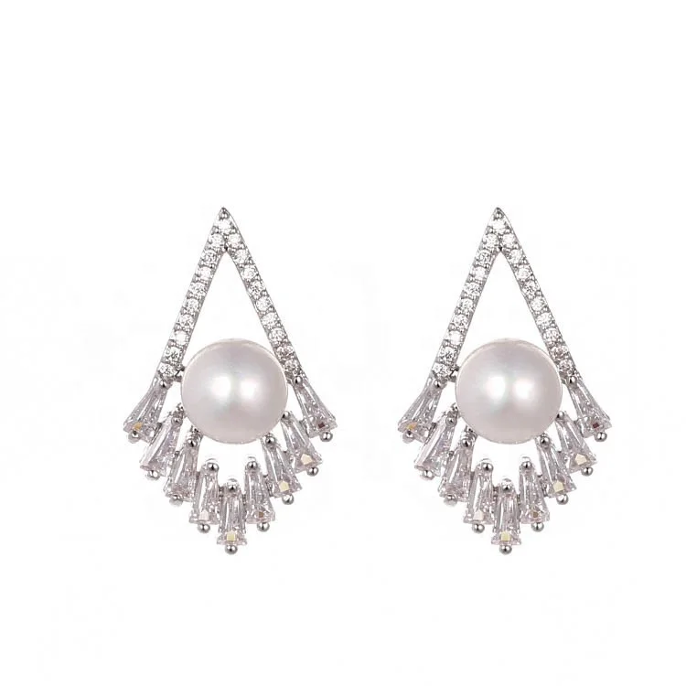 

Rhombus Shaped Simple Freshwater Pearl Jewelry Fall Earrings For Women, White, gold