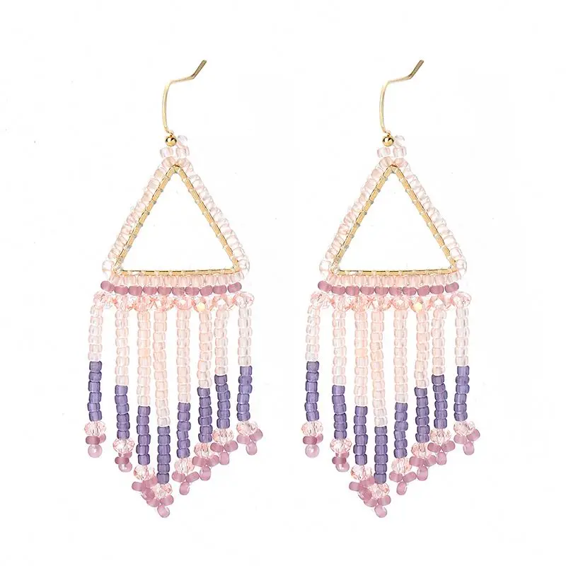 

New ethnic jewelry japan matte rice beads tassel and triangle shape pure handmade earring for women girls, Brown,pink