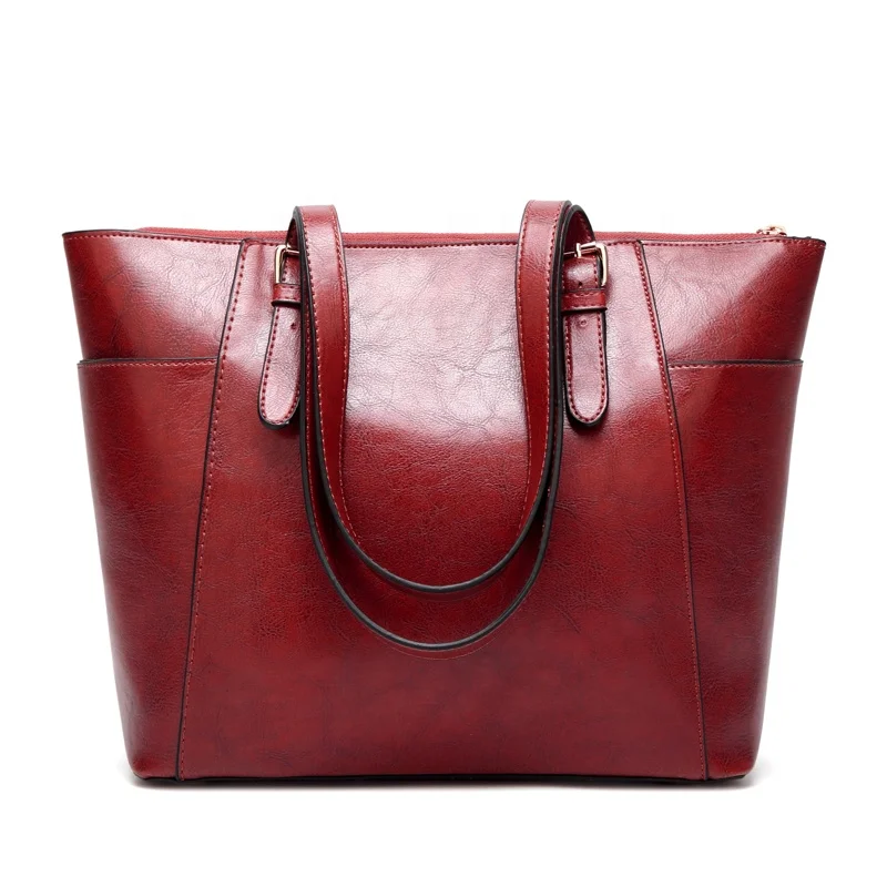 

RTS Wholesale New Trendy Large Capacity Oil Leather Simple Women's Tote Bags Shoulder Handbags Ladies, Black deep wine brown coffee