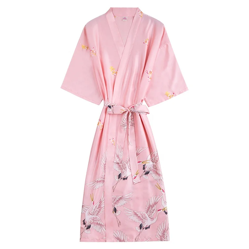 

High Quality Custom Ladies Silk Pajamas Printed Nightgown Cheap New Design Women Kimono Japanese Silk Satin Robes, Black red grey pink