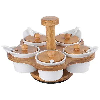 

Rotating Seasoning Set Ceramic Five-piece Kitchen Supplies White Salt Jar