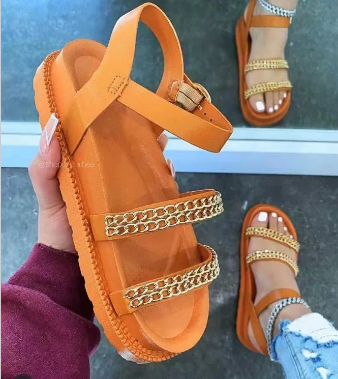 

NEW Women Sandal Chain Detailed Straps INS Fashion Ladies Slipper Pink Black Summer Flat Slides Slippers for Women Sandal Shoes, Black,rose red,khaki,white