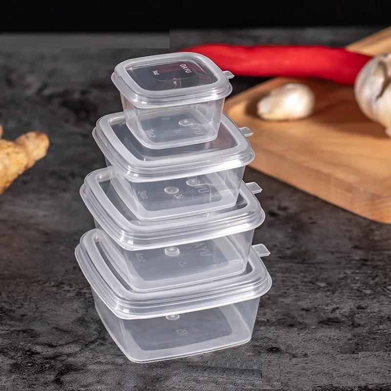 

4oz 3 Oz Disposable Sealing Hinged Lid Sauce Box Takeaway Transparent Covered Thickened PP Square Type Small Plastic Sauce Cup